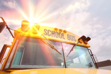 Caution Lights and Windshield of School Bus