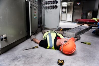Accident at work of electrician people or Maintenance worker in the control room of factory.